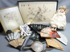 ORIENTAL SILK WORK PICTURES x 2 - birds amongst blossom, 36 x 60cms and floral sprays edged in