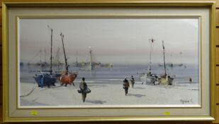 JORGE AGUILAR-AGON (Spanish b.1936) oil on canvas - beach with figures and fishing boats, Christie's