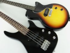 EPIPHONE ELECTRIC GUITAR WITH SOFT CASE AND A SWIFT BASS, the Epiphone with sunburst finish, 98cms