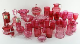 ASSORTED VICTORIAN CRANBERRY GLASSWARE including drinking goblets, beakers, pedestal bowls, sugar