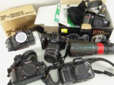 ASSORTED NIKON CAMERAS & EQUIPMENT to include Nikon D70 camera in original box, Nikon F-301 camera