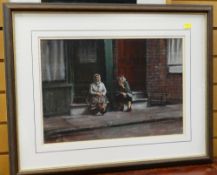 MARC GRIMSHAW pastel - northern England street scene with two next door neighbour ladies seated on