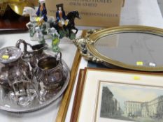 ASSORTED ORNAMENTS including a Tom King & Dick Turpin Staffordshire figures, plated teaset, silver