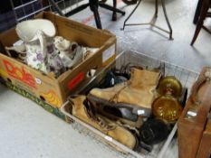 ASSORTED DECORATIVE CHINA JUGS, vintage ice skates, pair of Bakelite table lamps, vintage child's