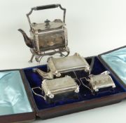 CASED THREE-PIECE VICTORIAN SILVER TEA SET & MATCHING EPNS SPIRIT KETTLE & STAND with conforming