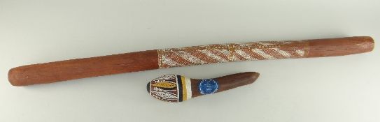 ABORIGINE DIDGERIDOO & NULLA NULLA, ARNHEMLAND, NT painted decoration in earth pigments, club with
