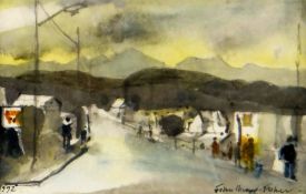 JOHN KNAPP-FISHER watercolour - street scene with figures, entitled verso 'Leaving Utenage',