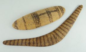 ABORIGINE BOOMERANG & COOLAMON, Pitjantjatjara people, Central Australia, pyrographed decoration (2)