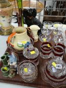 ASSORTED CHINA & GLASS including red stained glassware, six Babycham glasses, figurines ETC