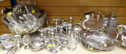 ASSORTED SILVER PLATE including large footed punch bowl, candlesticks and vases ETC