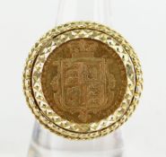 VICTORIAN 1884 GOLD HALF SOVEREIGN, SET IN PIERCED 9CT GOLD RING MOUNT, 10.6gms overall, in box.