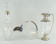 ELIZABETH II GLASS & SILVER DECANTER & TWO SIMILAR CLARET JUGS one claret jug hallmarked for