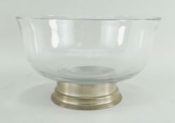 HORSE RACING TROPHY BOWL with heavy quality engraved glass body and stepped hallmarked silver base