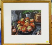 JULIA JONES RCA (b.1938) acrylic - still-life of apples in a bowl, signed, 31 x 37cms