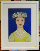 LYN (ELUNED) GRANT RCA mixed media - head and shoulders portrait of a female with flowers in her