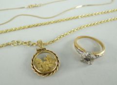 9CT YELLOW GOLD ROPE-TWIST NECKLACE WITH ATTACHED PENDANT OF GOLD FLAKES, 3.7gms together with a 14k