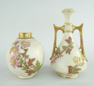 TWO ITEMS OF ROYAL WORCESTER BLUSH IVORY PORCELAIN comprising twin-handled narrow necked vase, 14cms