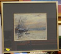 ROBIN DUDLEY BAILEY watercolour - ships in Cardiff Docks at sunset, signed with monogram, 21 x 25.