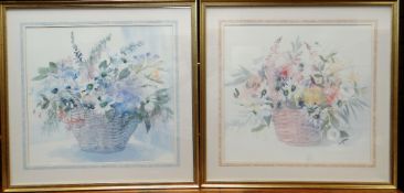 CELIA RUSSELL pair of framed prints - arranged flowers in baskets, 48 x 51cms (2)