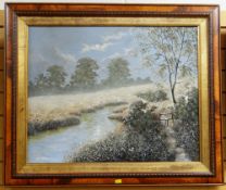 ALAN FURSLAND (b.1953) oil on canvas - landscape with river and stile on a footpath under moonlight,