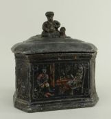 EARLY VICTORIAN PAINTED LEAD TOBACCO BOX of rectangular form and having all round relief