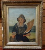 T C HUGHES oil on canvas - boy at the seashore in Sou'wester hat, a holding model yacht, signed