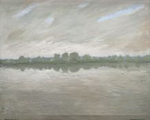 CHARLES BURTON oil on canvas - view across Cosmeston Lake, signed 'Burton '93', 60 x 75cms