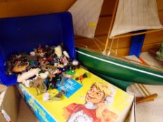 VINTAGE GREEN PAINTED POND YACHT together with lead figures and retro child's telephone