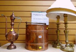 TWO ITEMS OF COPPERWARE & A PAIR OF HEAVY GILT METAL TABLE LAMPS including a copper and brass
