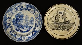 TWO 19TH CENTURY POTTERY PLATES comprising Swansea Cambrian 'Ship' plate in monochr