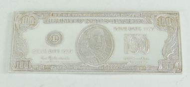 CASED SILVER REPLICA 100 DOLLAR BANK NOTE MARKED 999 FINE SILVER dated 1996, 8oz (cased)