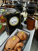 BELGIAN SLATE & MARBLE MANTEL CLOCK GARNITURE, leather cased triple spirit flask, unstrung