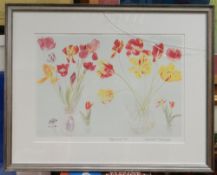 ELIZABETH BLACKADDER colour print - still-life of picked flowers in two jugs, entitled in pencil