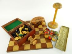 ASSORTED TREEN including six tartan ware napkin rings, 'Staunton' pattern boxwood chess set, folding
