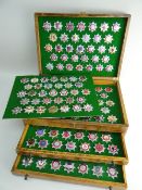 OAK TWO-DRAWER & HINGED LID COLLECTORS CABINET CONTAINING FIRE SERVICE BADGES mainly if not all