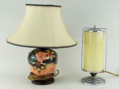 MOORCROFT POTTERY TABLE LAMP decorated with honeysuckle and Art Deco cylindrical chrome table