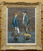 CHARLES M JONES oil on canvas - two standing figures in the street with dog, signed, 49 x 39cms