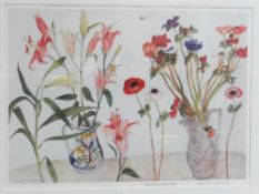 ELIZABETH BLACKADDER colour print 1995 - still-life of picked flowers in two jugs, entitled in