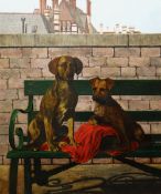 BRITISH SCHOOL oil on canvas - two dogs possibly mourning the death of an owner, while seated on a
