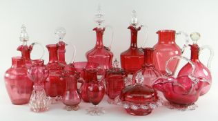 ASSORTED VICTORIAN CRANBERRY GLASSWARE including five decanters, carafe, baskets jug, vases ETC (