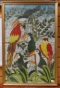 CENTRAL AMERICAN SCHOOL batik - colourful depiction of two macaws and four toucans, framed, 75 x