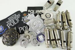 ASSORTED POLICE BADGES & WHISTLES