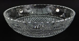 STUART CRYSTAL CIRCULAR CUT GLASS FRUIT BOWL very heavy quality with floral and hobnail design, 30.
