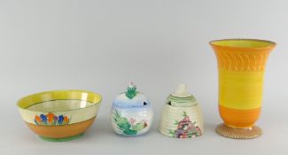 FOUR ITEMS OF BRITISH 20TH CENTURY CERAMICS comprising Clarice Cliff 'Crocus' bowl, 17.5cms diam.,