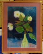 JOAN CONNELL RCA (b.1925) mixed media - still-life of flowers in a bottle, entitled verso 'Dahlias',