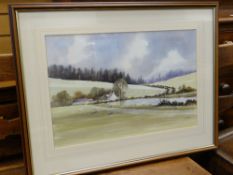 RAY WITCHARD watercolour - farm and lake with pine forest in mist, signed, 37 x 53cms