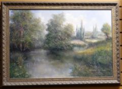 MAXWELL PARSONS (b.1936) oil on canvas - wetland scene with distant thatched cottages and poplar