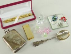ASSORTED SMALL ITEMS including monogrammed silver hip flask, sterling silver spoon, Swarovski