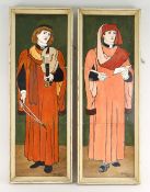 TWO SETS OF FRAMED MINTON TILES DEPICTING RELIGIOUS YOUNG MEN, one with violin, the other with qui