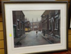 MARC GRIMSHAW pastel - northern England street scene with figures and young boy running under street